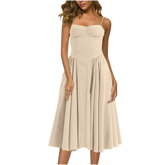 Quinlirra Women's casual Dresses Summer Women's Fashion Solid Color Retro Style Dopamine Shoulder Strap Adjustable Sling Pocket Dress Sling Round Neck Dress