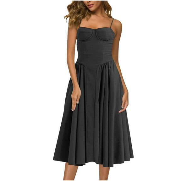 Quinlirra Women's casual Dresses Summer Women's Fashion Solid Color Retro Style Dopamine Shoulder Strap Adjustable Sling Pocket Dress Sling Round Neck Dress