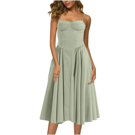 Quinlirra Women's casual Dresses Summer Women's Fashion Solid Color Retro Style Dopamine Shoulder Strap Adjustable Sling Pocket Dress Sling Round Neck Dress