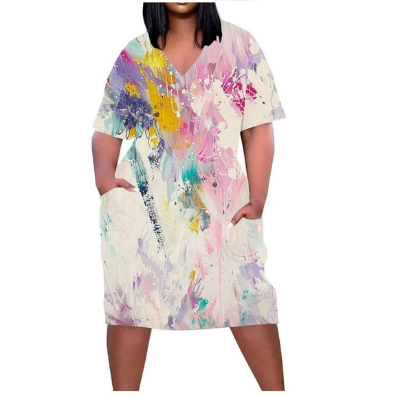 Quinlirra Women's casual Dresses With Sleeves Women's Oversized Printed Loose Casual Short Sleeved V-neck Knee Length Dress