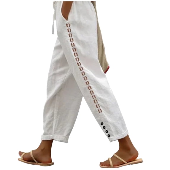 Quinlirra Women's pants for summer Women's Fashionable Solid Color Cotton Linen Loose Drawcord Lace Casual Wide Leg Trousers