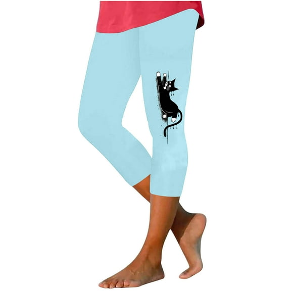 Quinlirra Womens Capri Pants Clearance Under 5$ Women's Fashion Solid Color Cute Cats Print Leggings With Yoga Sport Elastic Pants