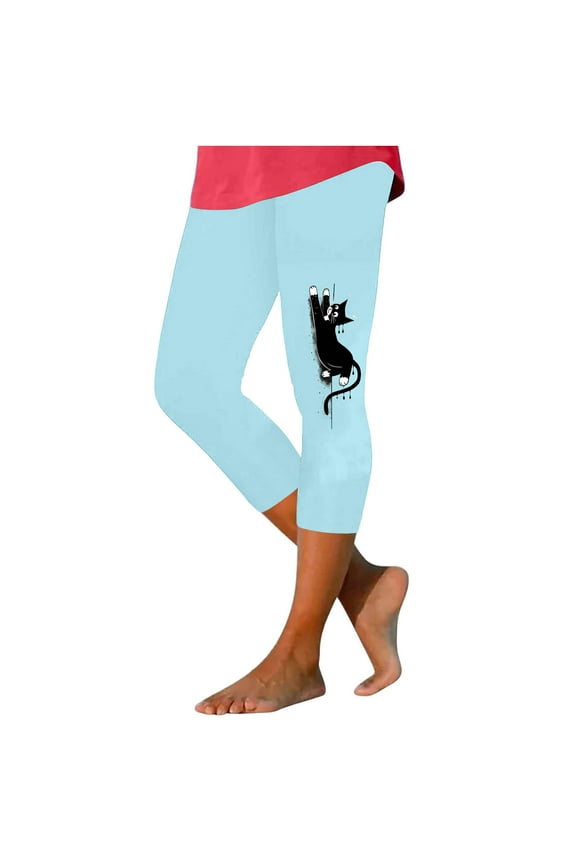 Womens Capri Pants Clearance Under 5$ Women's Fashion Solid Color Cute Cats Print Leggings With Yoga Sport Elastic Pants