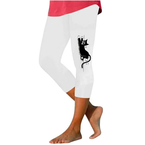 Quinlirra Womens Capri Pants Clearance Under 5$ Women's Fashion Solid Color Cute Cats Print Leggings With Yoga Sport Elastic Pants