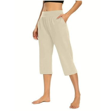Quinlirra Womens Capris For Summer Cotton Solid Elastic Waist Pocket Cropped Pants Casual Stretchy Stylish Pants For Spring Summer Women's Clothing