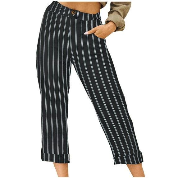 Quinlirra Womens Capris For Summer Petite Fashion Womens Casual Stripe Elastic Loose Pants Straight Wide Leg Trousers With Pocket Capris