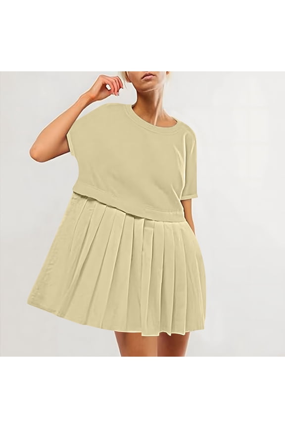 Womens Under $10 Womens Solid Cute Pleated Dress Patchwork Casual Short Sleeve Tops Loose Oversized Summer Mini Dress