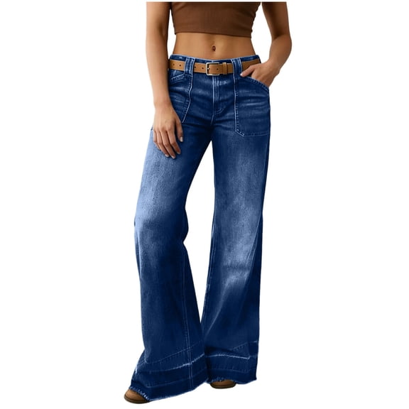 Rutainlusire Womens Jeans Petite Women's New Fashionable And Casual Solid Color High Waistband Pocket Comfortable Straight Leg Wide Leg Mop Jeans