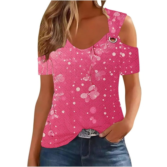 Quinlirra Womens Off Shoulder Tops on Sale Women's Non Positioning Floral Printed V-Neck Short Sleeved Loose Top