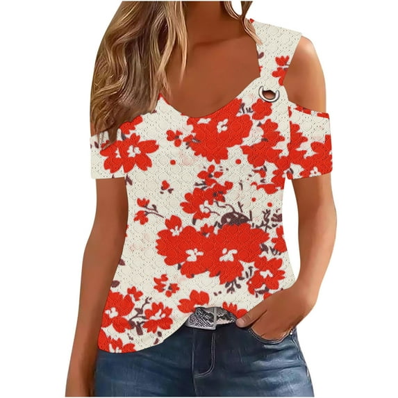 Quinlirra Womens Off Shoulder Tops on Sale Women's Non Positioning Floral Printed V-Neck Short Sleeved Loose Top