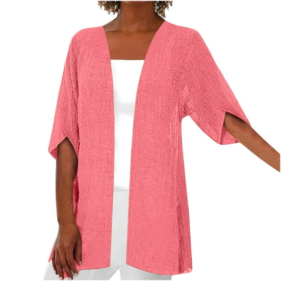 Quinlirra Womens Summer Cardigan 3/4 Sleeve Women Fashion Cardigan Up Casual Solid Color Half Sleeve Hoodeless Top
