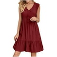 thumbnail image 1 of Quinlirra Womens Summer Dresses V-Neck Loose Solid Color Pleated Casual High Waisted Lace Sleeveless Dress Wine XL, 1 of 6
