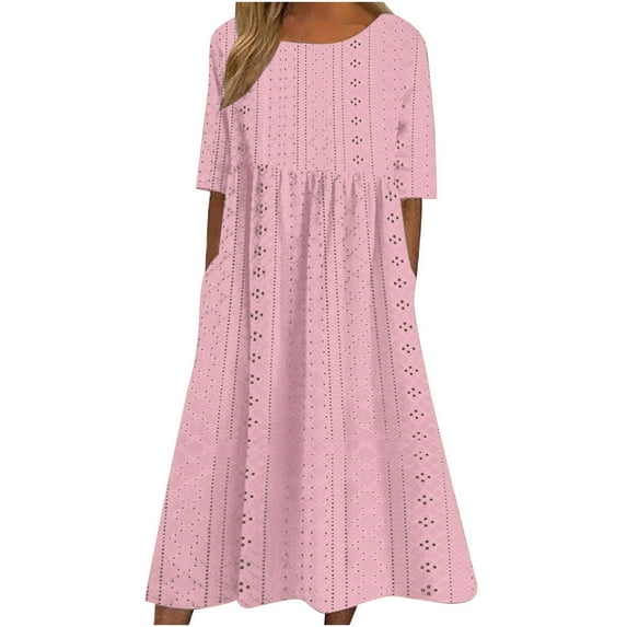 Quinlirra Womens Summer dresses plus size Womens Spring And Summer Round Neck Solid Casual Short Sleeved Eyelet Mid-Calf Dress