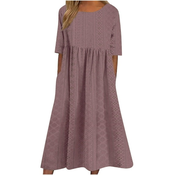 Quinlirra Womens Summer dresses plus size Womens Spring And Summer Round Neck Solid Casual Short Sleeved Eyelet Mid-Calf Dress