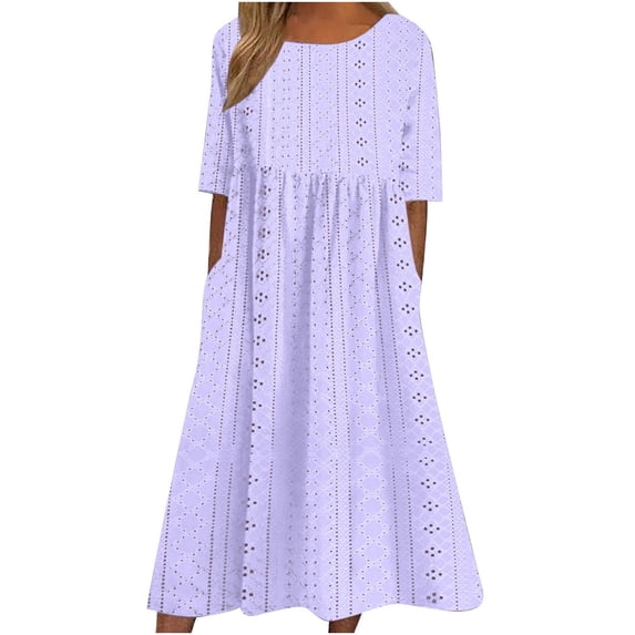 Quinlirra Womens Summer dresses plus size Womens Spring And Summer Round Neck Solid Casual Short Sleeved Eyelet Mid-Calf Dress
