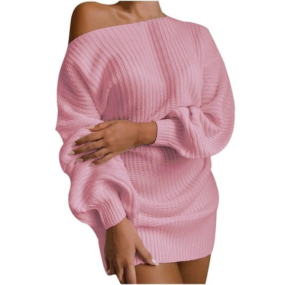 Quinlirra Womens Sweater Dress Black Women Fashion Casual Off-the-shoulder Lantern Sleeve Knit Sweater Dress Pink L