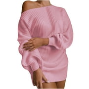 Quinlirra Womens Sweater Dress Black Women Fashion Casual Off-the-shoulder Lantern Sleeve Knit Sweater Dress Pink L