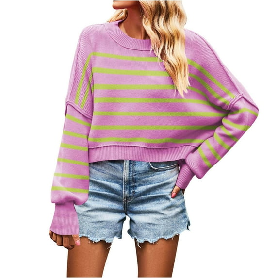 Quinlirra Womens Sweaters 2025 Women's New Fashionable Round Neck Striped Knitted Sweater Loose Pullover Sweater Round Neck Sweater