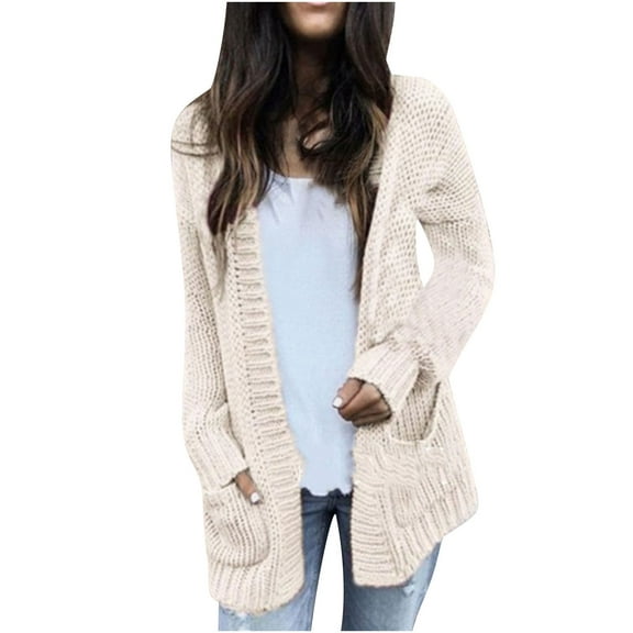 Quinlirra Womens Sweaters Clearance Women's Solid Color Knitted Pocket Cardigan Sweater Loose Knit Cardigan Jacket