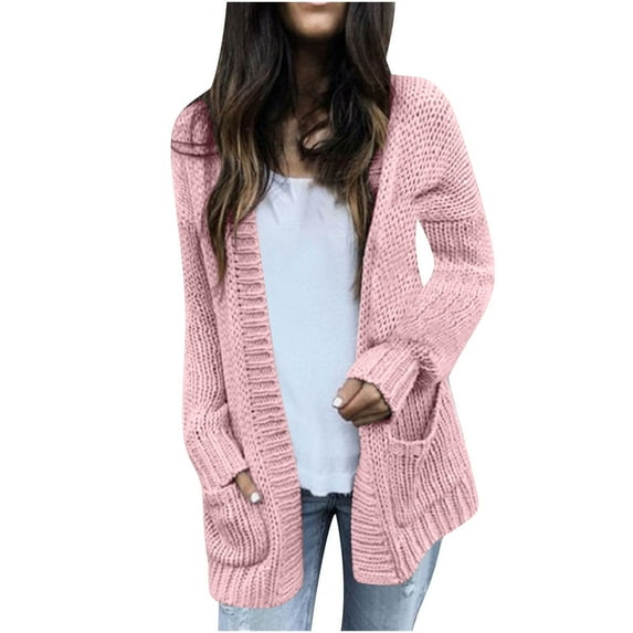 Quinlirra Womens Sweaters Clearance Women's Solid Color Knitted Pocket Cardigan Sweater Loose Knit Cardigan Jacket