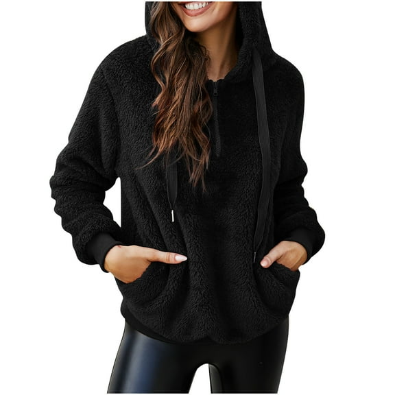 Quinlirra Womens Sweatshirts Trendy Women Long Sleeve Zipper Hooded Collar Solid Color Sweatshirt Sweater Pocket Jacket Black S