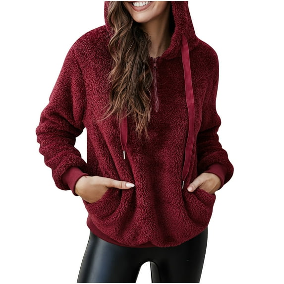 Quinlirra Womens Sweatshirts Trendy Women Long Sleeve Zipper Hooded Collar Solid Color Sweatshirt Sweater Pocket Jacket Red XXL