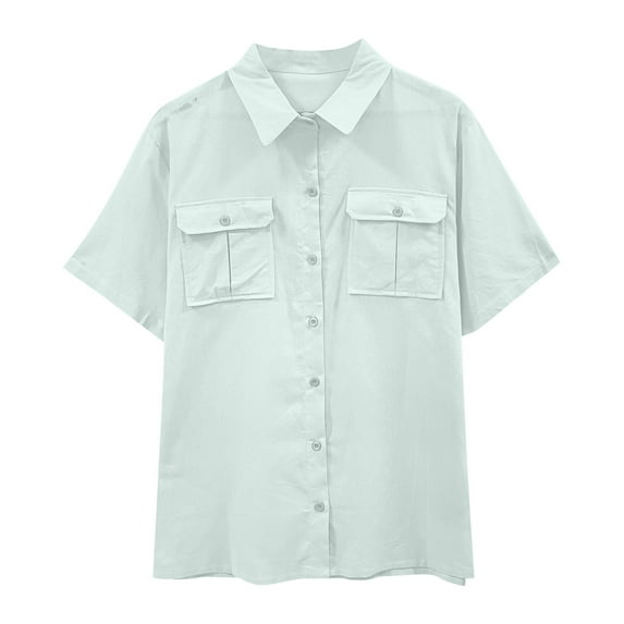 Quinlirra Womens T shirts loose fit Unisex Summer Lapel Single Breasted Double Pocket Short Sleeved Shirt Top Short Sleeved Lapel Top/shirt