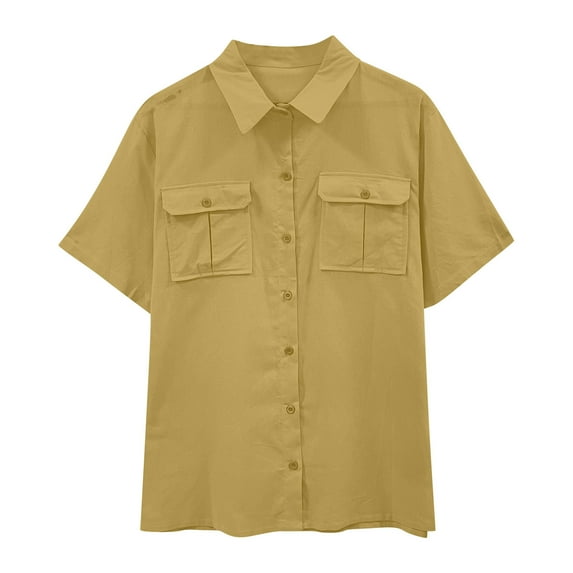 Quinlirra Womens T shirts loose fit Unisex Summer Lapel Single Breasted Double Pocket Short Sleeved Shirt Top Short Sleeved Lapel Top/shirt