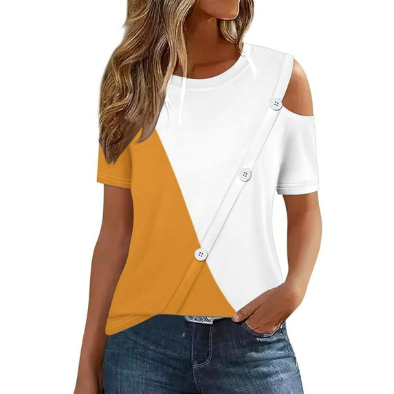 Quinlirra Womens Tops Clearance Under $10 Women'S 2024 Summer Casual And Comfortable Patchwork Color Cold Shoulder Button Splicing Short-Sleeved Round Neck Top/Shirt