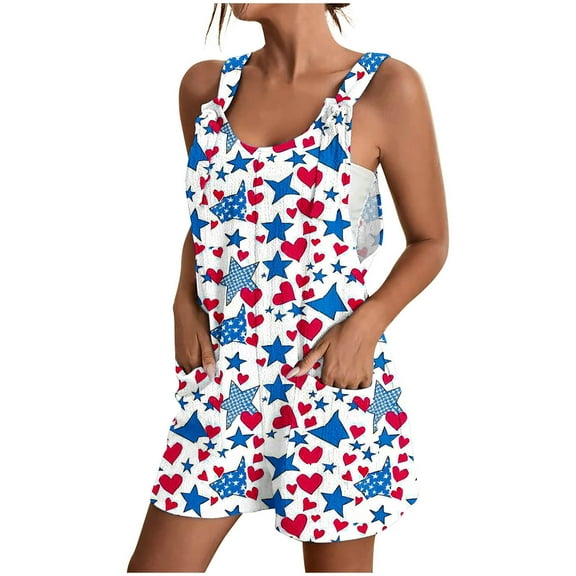 Quinlirra Womens Tops Clearance Under $10 Women's Summer Shorts Independence Day Print Pocket Romper Shorts