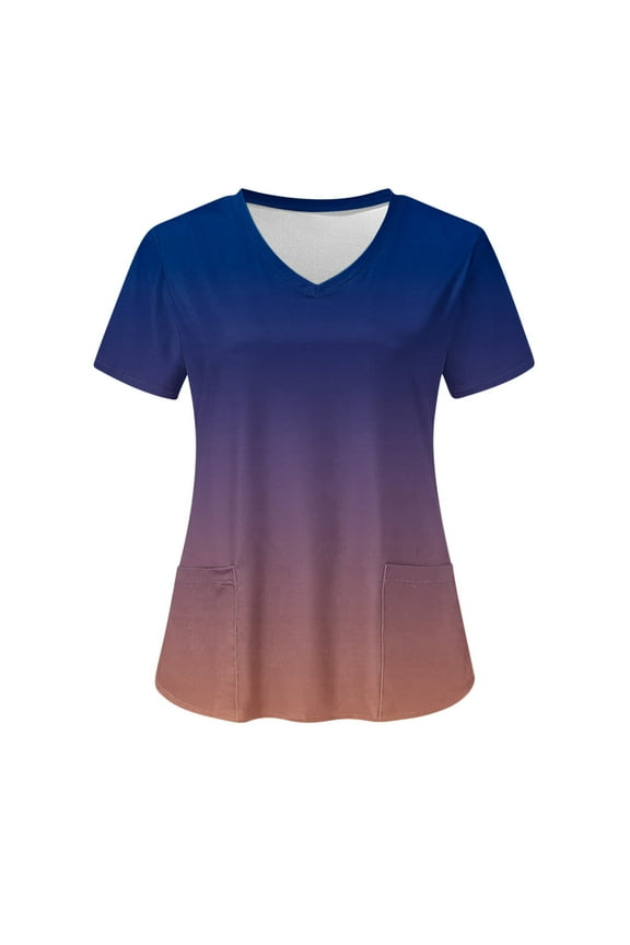 Womens Tops Women's Fashion Short Sleeve V-Neck Tops Working Uniform Printing Pocket Blouse Tops