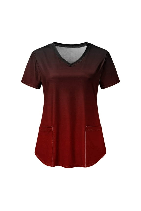 Womens Tops Women's Fashion Short Sleeve V-Neck Tops Working Uniform Printing Pocket Blouse Tops