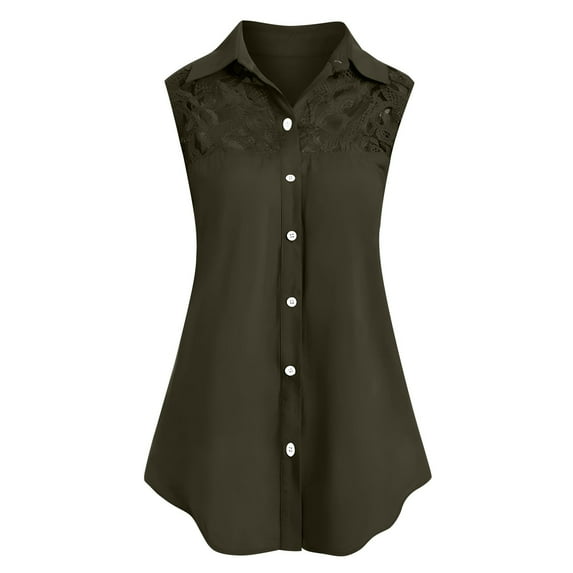 Quinlirra Womens Tops Summer 2024 2024 Women's New Button-up Lace Solid Color Sleeveless Shirt