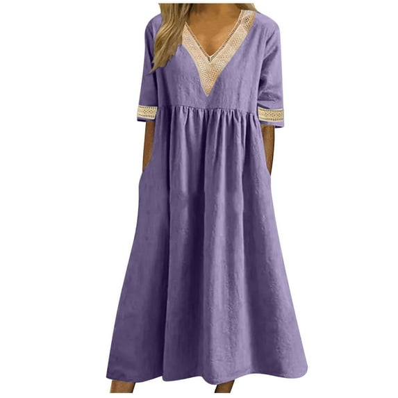 Quinlirra Womens dresses for 2025 Women's Summer New Solid Color Short-sleeved Lace V-neck Waistline Hem Dress