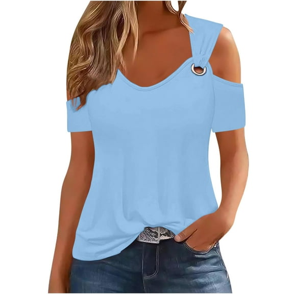 Quinlirra shirts for women tees Women Summer Sexy T- Shirt Cold Shoulder Pullover Blouse V-Neck Short Sleeve Solid Tops