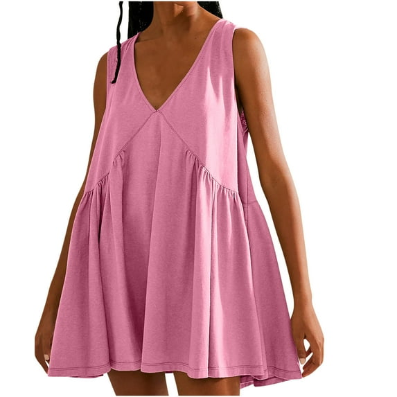 Quinlirra summer dress long Women Casual Loose Solid Pleated Sleeveeless V-Neck Dress