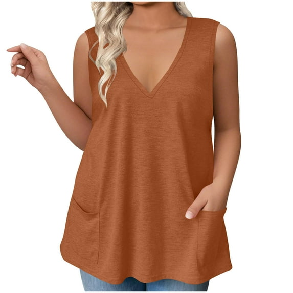 Quinlirra tank top for women clearance under $5 Women's Fashionable Casual Solid Color Sleeveless V-Neck Top