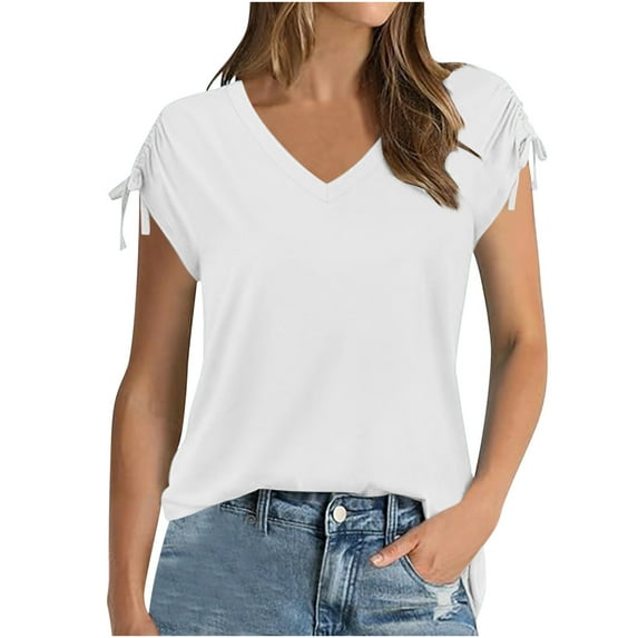 Quinlirra women's sleeveless tops on sale Women's Solid Sleeve Tops Drawstrings Summer Trendy 2024 V Neck T Shirts Fashion