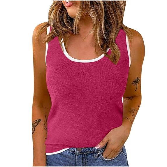 Quinlirra women's sleeveless tops plus size Womens Solid Contrasting Colors Refreshing Wicking Tank Tops Summer Sleeveless Scoop Neck Ribbed Knit Color Block Basic Slim Fitted Cami Tee Shirts
