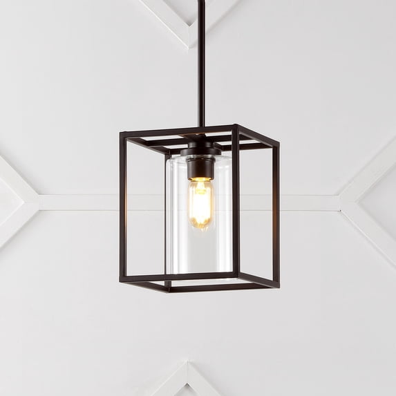 JONATHAN Y Quinn 8.13" 1-Light Industrial Farmhouse Iron/Glass LED Pendant, Oil Rubbed Bronze