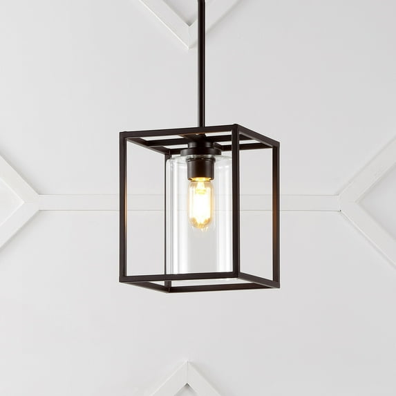 JONATHAN Y Quinn 8.13" 1-Light Industrial Farmhouse Iron/Glass LED Pendant, Oil Rubbed Bronze