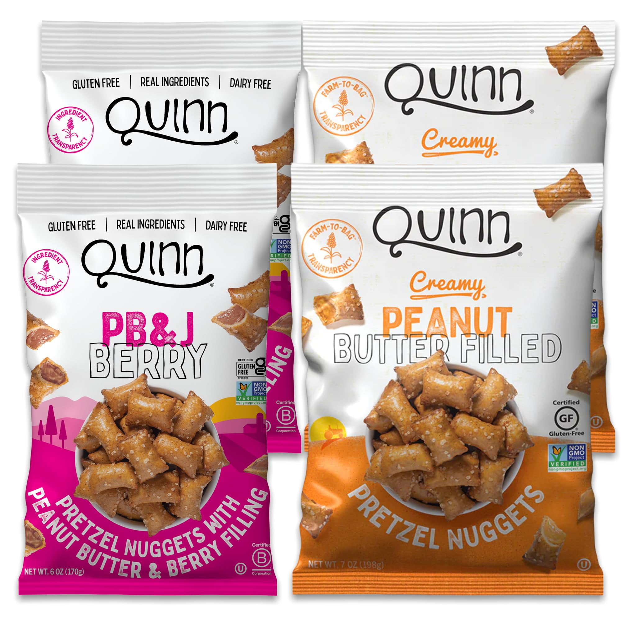 Quinn Gluten Free Butter Lovers Variety MDH1Pack - Butter Filled Pretzel Nuggets, Made with Real Ingredients, Whole Grain Sorghum, Vegan, Non GMO - Butter, PB&J Berry (Pack of 4)