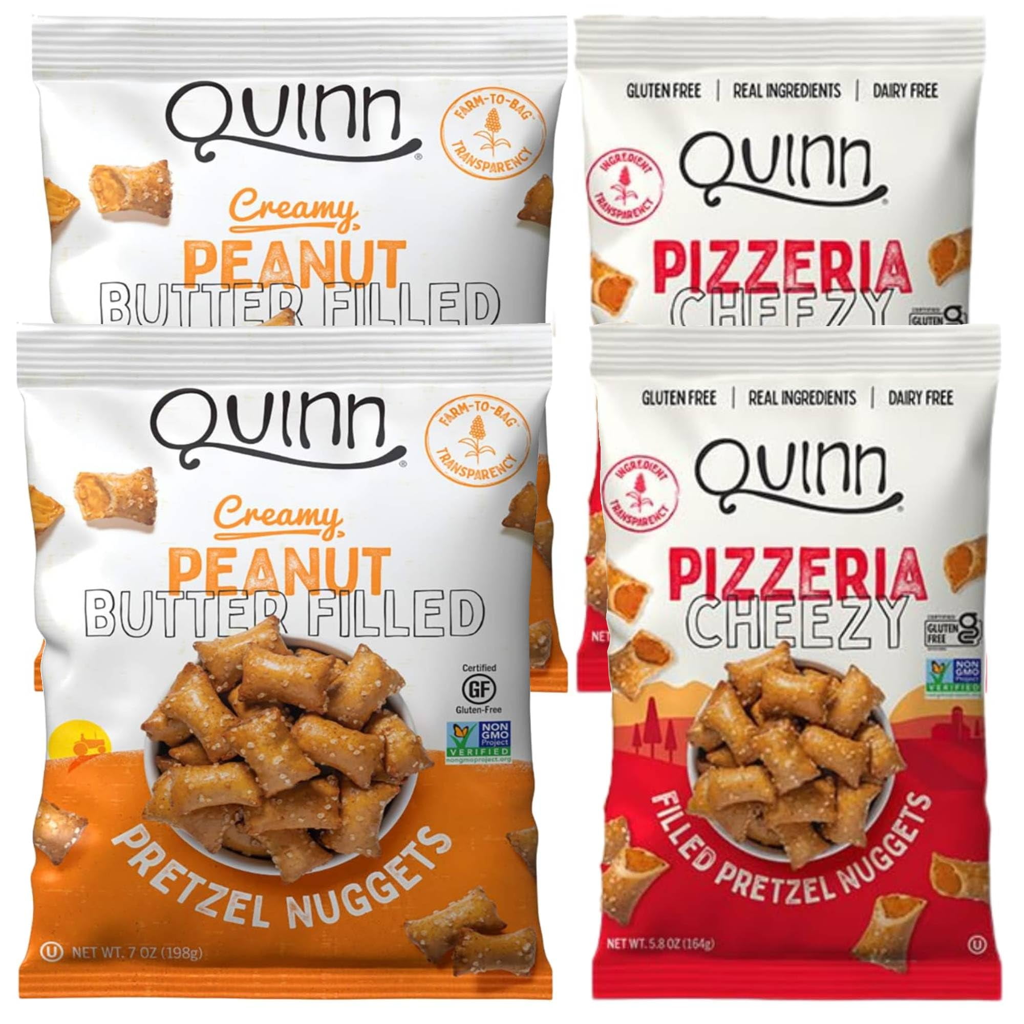 Quinn Pretzel Nuggets Favorites DMF15 Pack - Made with Ingredients, Whole Grain Sorghum, Sea Salt, Vegan, Gluten Free, Dairy Free, Non-GMO - (2) Peanut Butter 7oz, (2) Pizzeria 5.8oz (Pack of 4)
