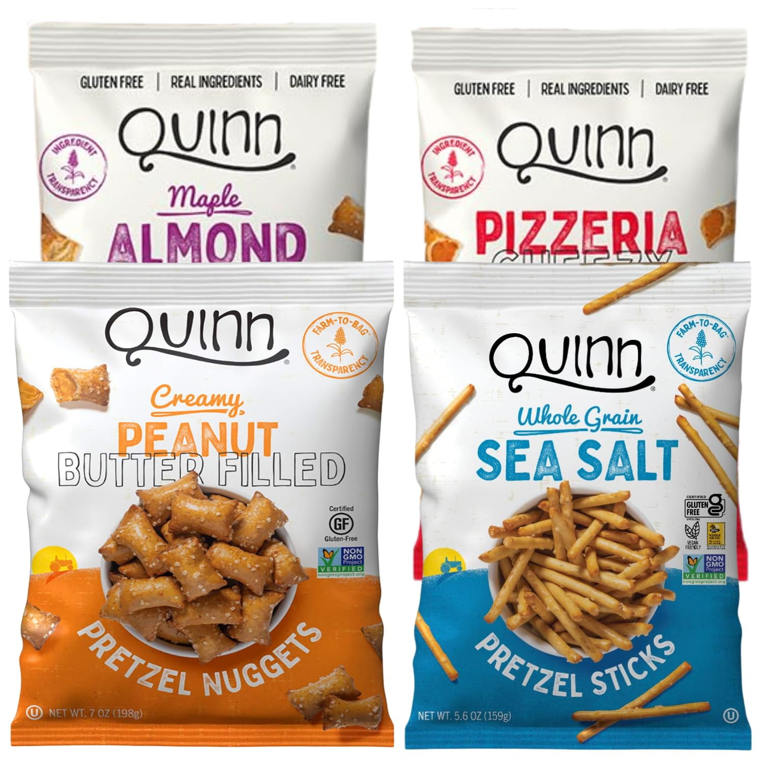 Quinn Pretzel Nuggets Quinntessential HMF23 Pack - Made with Ingredients, Whole Grain Sorghum, Vegan, Gluten Free, Dairy Free, Non-GMO - Peanut Butter, Pizzeria, Sea Salt Stick, Maple (Pack of 4)