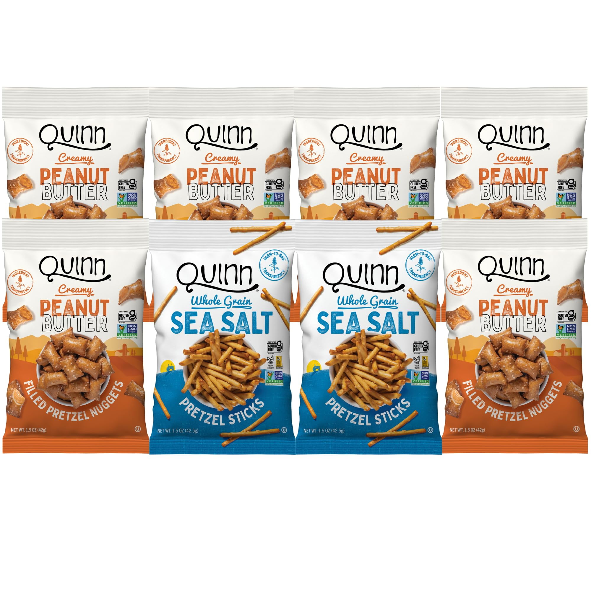 Quinn Pretzel Nuggets Tester DMF15 Pack - Made with Ingredients, Whole Grain Sorghum, Sea Salt, Vegan, Gluten Free, Dairy Free, Non-GMO - (6) Peanut Butter, (2) Sea Salt Stick, 1.5 Oz (Pack of 8)