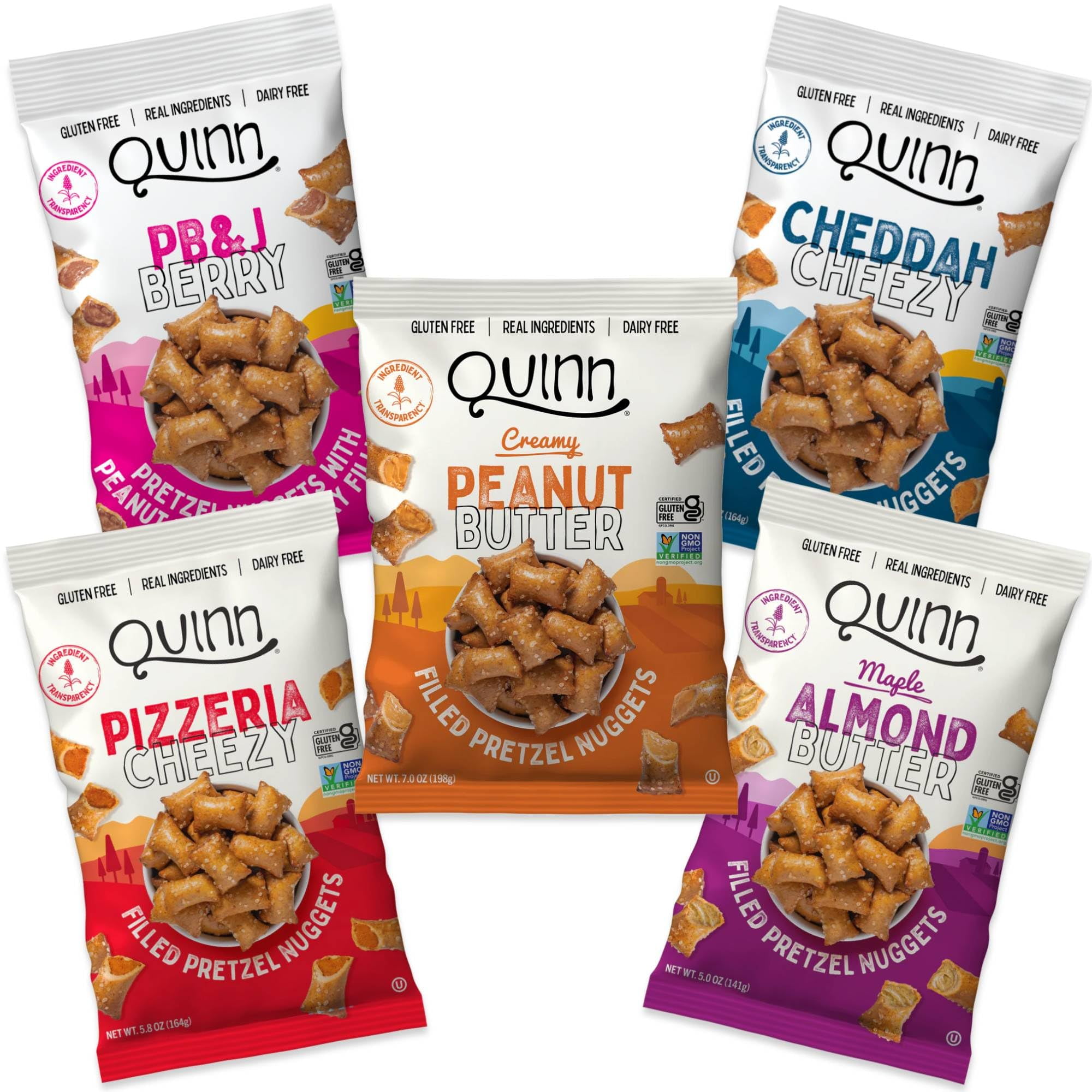 Quinn Pretzel Nuggets Variety AKF18 Pack - Filled Pretzel with Real Ingredients, Whole Grain Sorghum, Vegan, Gluten Free, Non GMO - Peanut Butter, PB&J Berry, Maple, Pizzeria, Cheezy (Pack of 5)