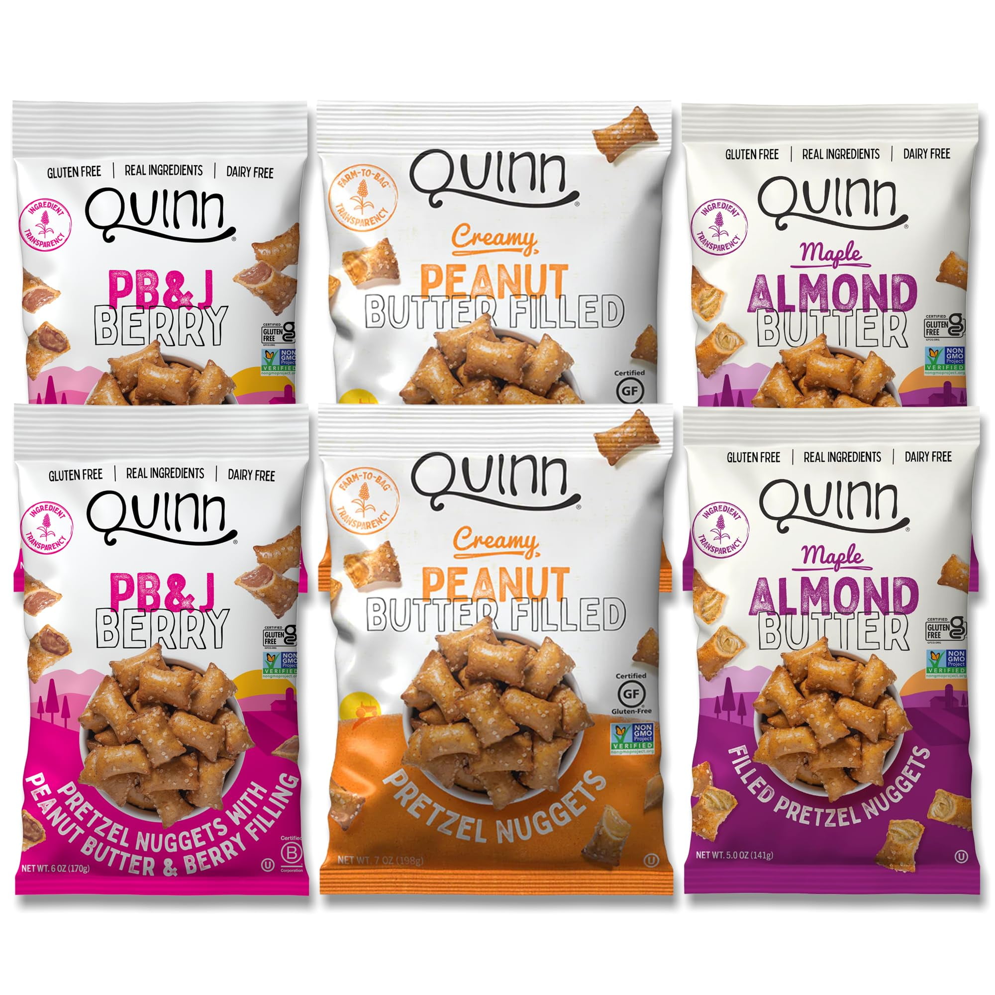 Quinn Pretzel Nuggets Variety MZF22 Pack- Filled Pretzel Made with Real Ingredients, Whole Grain Sorghum, Vegan, Gluten Free, Dairy Free, Non GMO- Peanut Butter, PB&J Berry, Maple (Pack of 6)