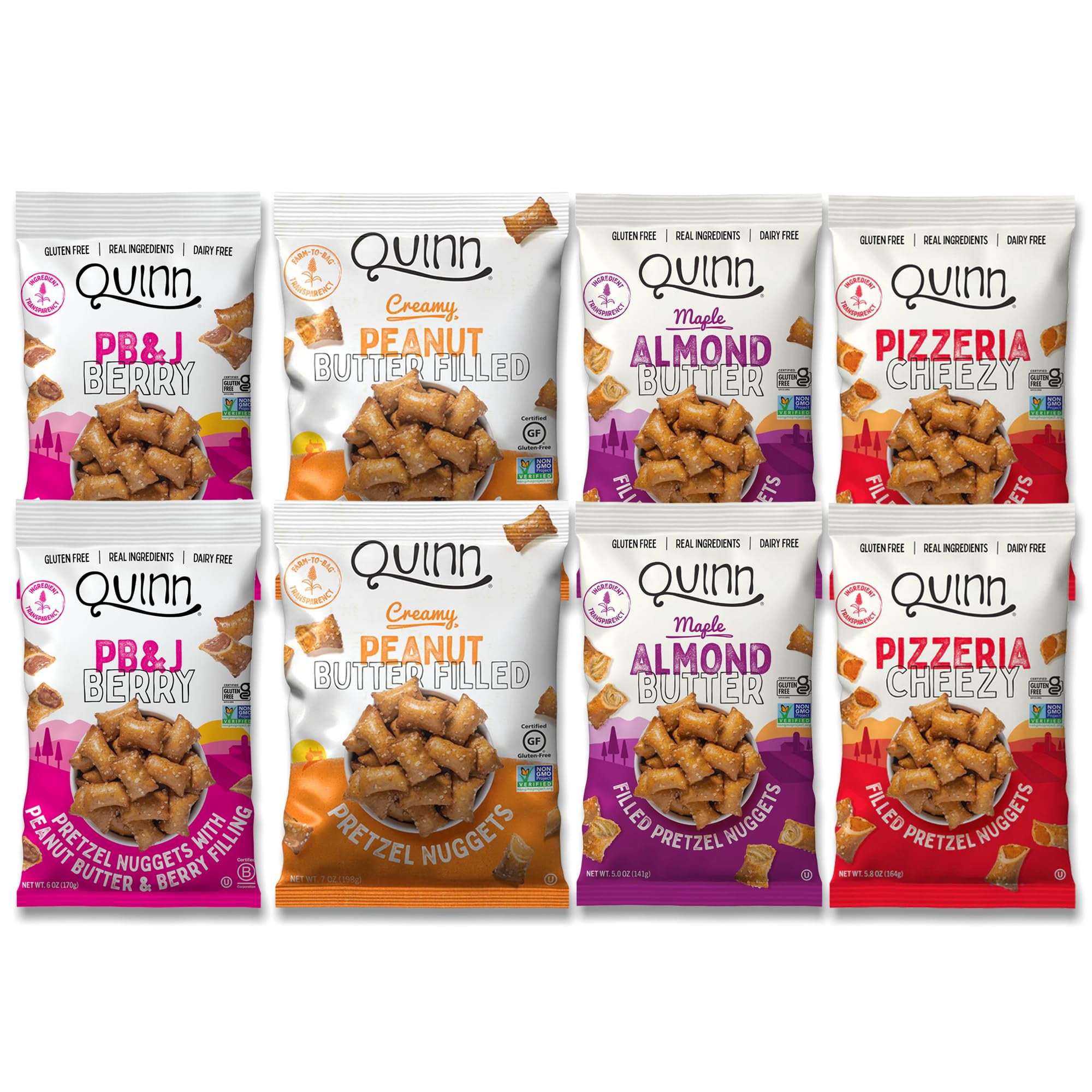Quinn Pretzel Nuggets Variety Pack - GMSFilled Pretzel Bites, Real Ingredients, Whole Grain Sorghum, Vegan, Gluten Free, Dairy Free, Non GMO - Peanut Butter, PB&J, Maple, Pizzeria (Pack of 8)
