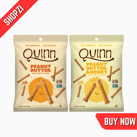 Quinn Snacks Peanut Butter Filled Pretzel Sticks Variety Pack, 6 Count (6 oz Bags, Classic Peanut Butter, Peanut Butter & Honey), Gluten Free Gourmet Snack
