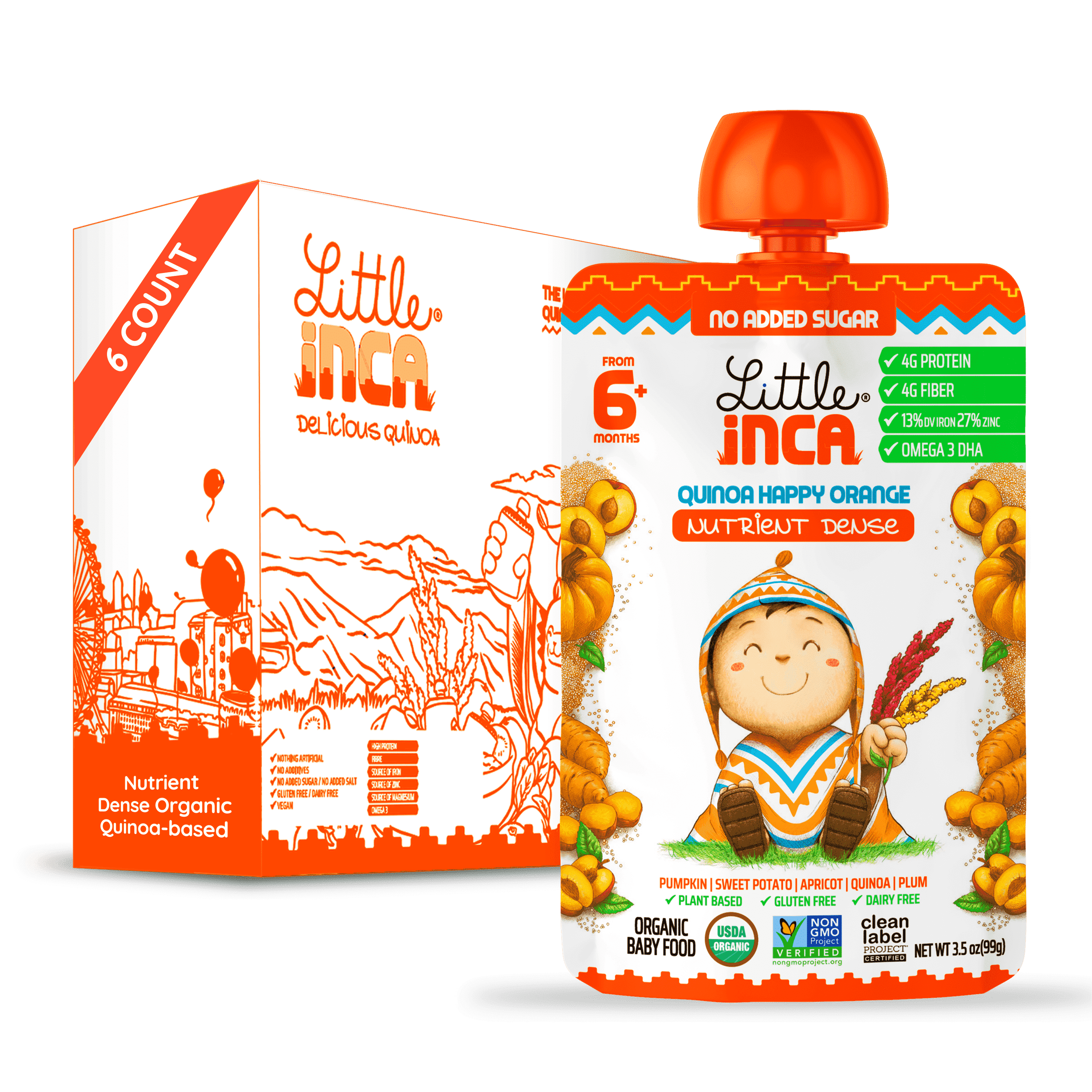Little Inca Stage 2 Baby Food Pouches, Quinoa Happy Orange Baby Puree, Plant Based High Protein, Dairy-Free, 6 x 3.5oz